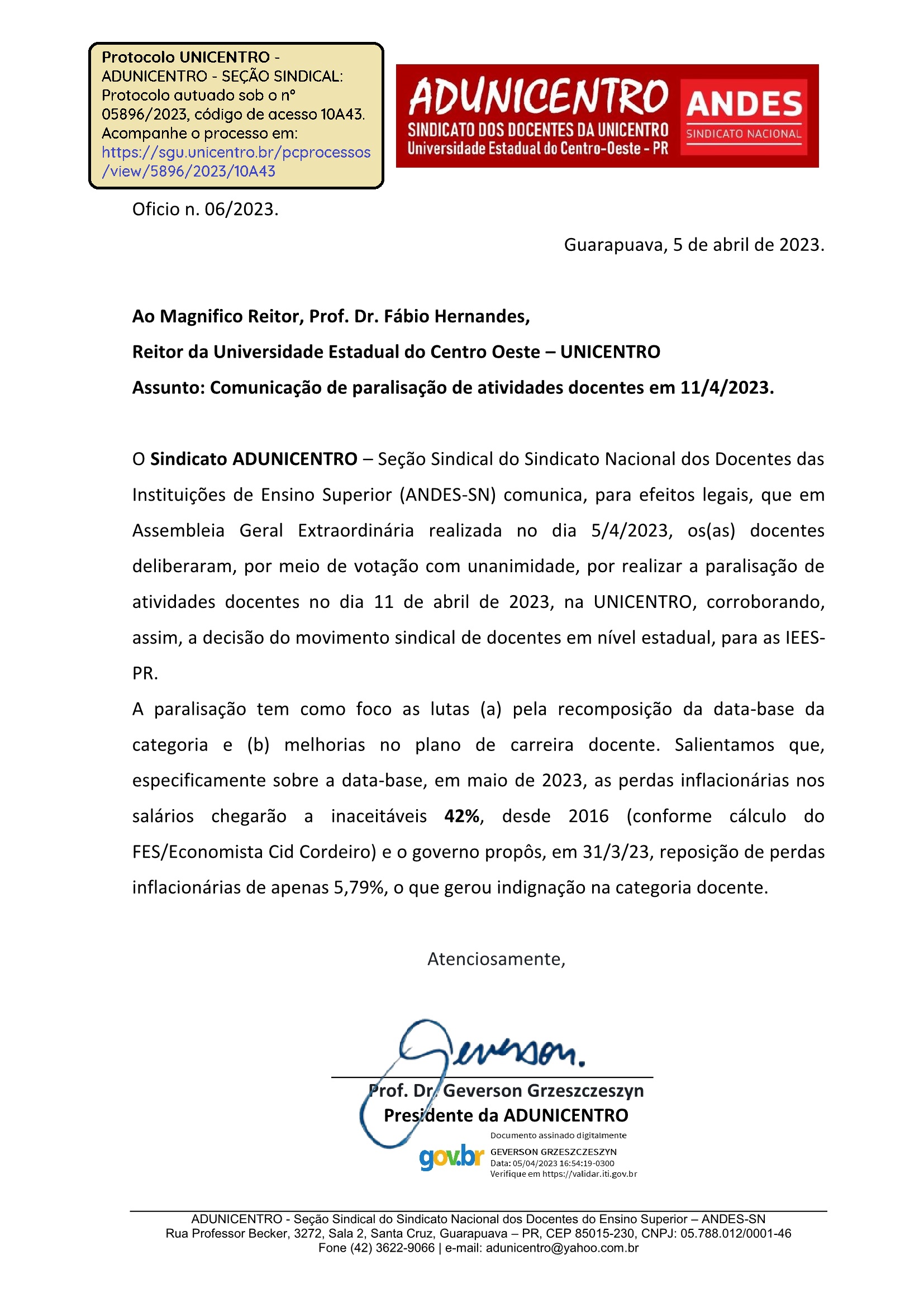 Assunto: Comunicação de paralisação de atividades docentes em 11/4/2023.